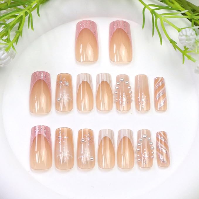 Winter Press on Nails Medium Square Fake Nails Pink White French Tip Nails Press ons with Pearl Snowflake Designs Gradient Nude False Nails for Women 24Pcs