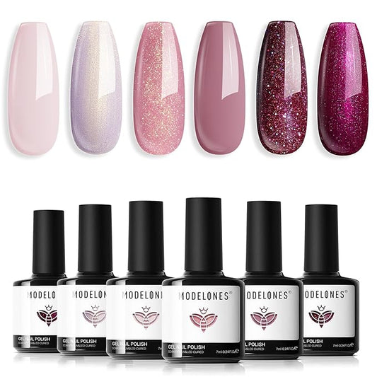 modelones Gel Nail Polish Set, 6 colors Neutral Nude Pink Gel Polish Pearl White Burgundy Red Shimmer Peach Pink Galaxy Grape Purple Glitter Nail Polish DIY Nail Art Manicure Gift