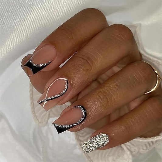 BABALAL Long Coffin Press on Nails - Black French Tip Fake Nails, Glitter Bling Nails Glue on Swirl Acrylic Nails False Nails 24Pcs Manicure Squoval Stick on Nails for Women and Girl