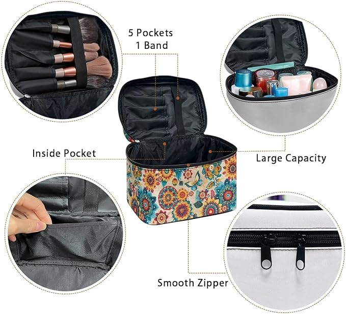 Boho Style Mandala Butterfly Pattern Travel Makeup Bags for Women Portable Tote Cosmetic Case with Carry Handle Toiletry Accessories Storage Organizer Bags