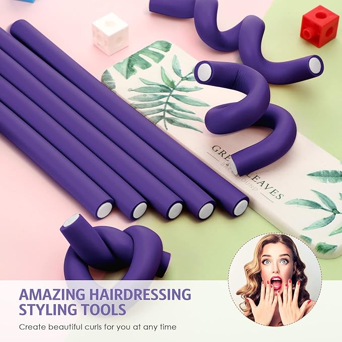 Syhood 30 Pieces Flexible Curling Rods Twist Hair Rollers Soft Foam Rods No Heat and 1 Pcs Steel Rat Tail Comb for Women Long and Short Hair(7 x 0.8 Inch,Purple)