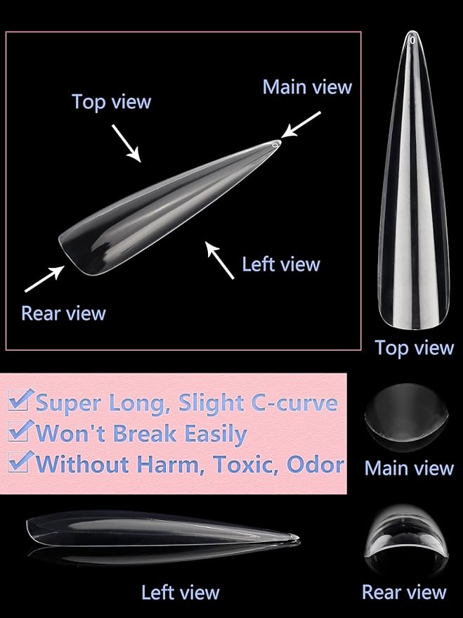 Clear Long Stiletto Nail Tips, 504PCS XXXL Extra Long Stiletto Fake Acrylic Nails, Full Cover Soft Gel C Curve Nail Tips False Nail Extension Tips for Manicure Salon DIY Nail Art 12 Sizes