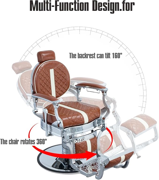 FRNIMAC Heavy Duty Barber Chair, All Purpose Vintage Style Mens Barber Chair Hydraulic Recline Salon Chair Barbershop Equipment for Beauty Spa Tatoo Massage, Weight Capacity 700lbs (Brown-Chrome)