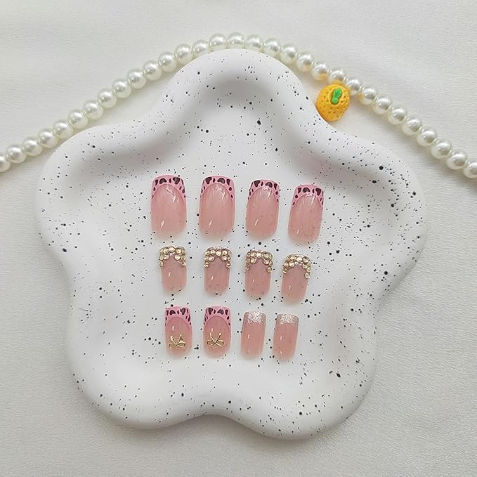 Fall Press on Nails Medium Square Fake Nails with Bow Leopard Print Rhinestones Designs Pink French Tip Nails Press ons Glitter False Nails for Women 24Pcs
