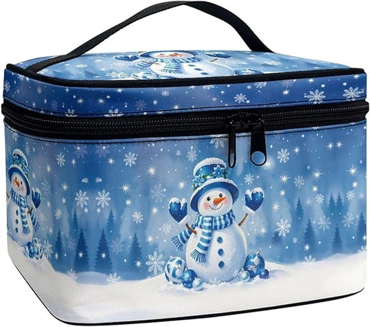 Cute Snowman Travel Makeup Bags for Women Snowflake Print Portable Tote Cosmetic Case with Carry Handle Toiletry Accessories Storage Organizer Bags for Christmas, Blue