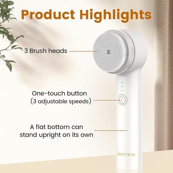 Rechargeable Face Scrubber, Electric Facial Cleansing Brush with Exfoliator and Sponge Brushheads, 3 Speeds Face Wash Brush, Gentle face exfoliator Brush for Men Women