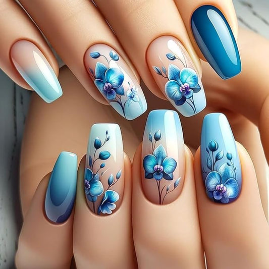 24Pcs Blue Flower Press on Nails Medium Ballet Shaped Blue Gradient Acrylic False Nail Artificial Floral Stick on Nail Press Ons with Blossom Design Glossy Reusable Glue on Nails for Women