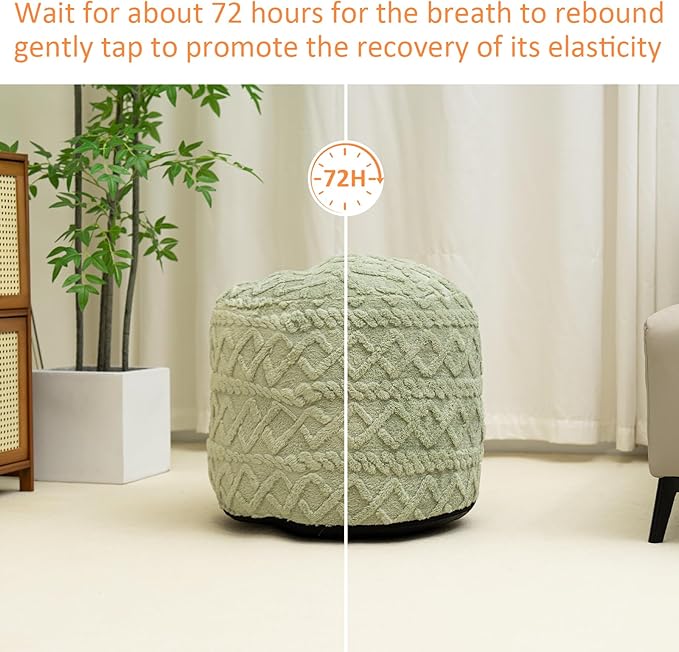 Round Stuffed Pouf Ottoman for Foot Rest, Faux Fur Poufs with Foam Chunk Filling, Storage Ottoman Pouf Foot Stool Cushion, 20 X 15 InchFloor Poufs Foot Rest for Living Room Bedroom Home Decor (Green)