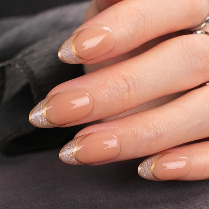 Short Almond Press On Nails – Nude Glitter French Tips with Gold Outline, Glossy Acrylic Fake Nails, Reusable Stick On Nails Kit with Glue for Women, Elegant Shimmery Manicure Set