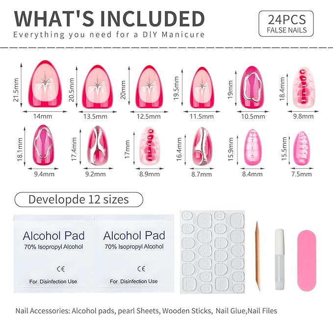 Pink Chrome Press On Nails, Glossy Metallic Edge Gel Nails with Abstract 3D Design, Reusable Soft Gel False Nails Set, Trendy Y2K Stick On Nails for Women and Girls