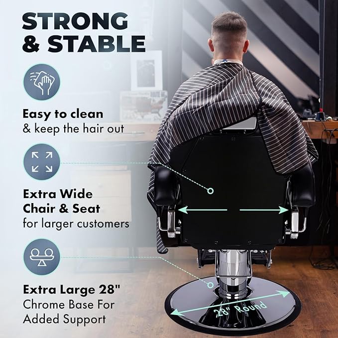 Buy-Rite K.O. Professional Barber Chair - Fully Reclining Hydraulic Barbering Chair with 360° Swivel, Adjustable Headrest, Extra-Wide Seat & 28" Chrome Base for Barbershops, SY-31307