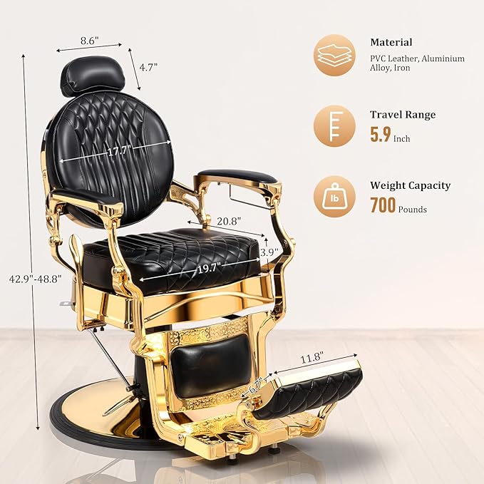 OmySalon Retro Barber Chair Heavy Duty, Aluminum Alloy Frame, Adjustable Headrest, Extra Wide Footrest, Hydraulic Salon Chair for Hair Stylist Reclining All Purpose for Beauty Spa Shampoo, Black Gold