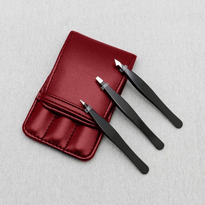 Professional Tweezers Set with Leather Case for Eyebrows, 3 Piece Black Precision Tweezers, Burgundy Storage Pouch