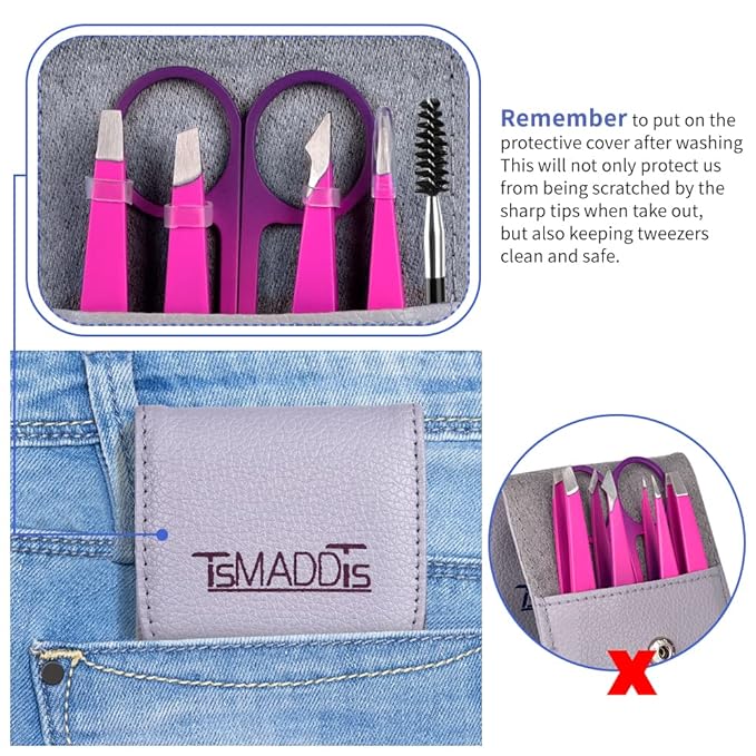 Eyebrow Tweezer Set, TsMADDTs 6PCS Tweezers Set for Women, Precision Tweezer for Eyebrows with Curved Scissor for Ingrown Hair, Hair Plucking Daily Beauty Tools (Pink&Purple)