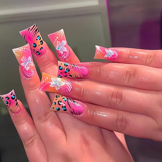 BABALAL Duck Nails Press on Fake Nails Hot Pink Glue on Nails Cheetah Y2k Acrylic Nails Hottie Gyaru False Nails with Flower Design 24Pcs Glossy Manicure Duck Bill Stick on Nails for Women Girls