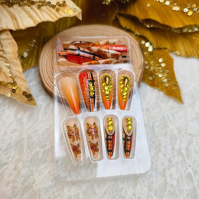 24Pcs Fall Press on Nails with Sparkly Rhinestones Gem Designs Elegant Fake Nails Long Almond Stripe Maple Leaves Acrylic False Nails Full Cover Autumn Glue On Nail for Women Fall Manicure Tips