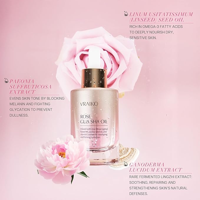 VRAIKO Gua Sha Face Oil Serum | Rosa Rugosa Flower & Jojoba Seed Oil Product | Detox, Plump, Anti-Oxidant, Soothing | Nourish, Cruelty Free, Natural, 1 fl oz