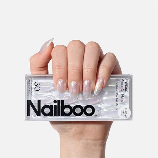 Nailboo Press On Nails, Salon-Quality Reusable Fake Nails for Fast DIY Manicure with Strong Hold Nail Glue for Press Ons, Nail File, & Alcohol Prep Pads, Celestial Sweetie