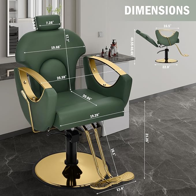 Salon Chair for Hair Stylist, 360° Swivel Reclining Barber Hair Styling Chair, Height Adjustable Spa Beauty Equipment for Home Barbershop, Green Gold