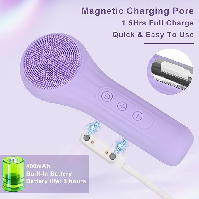 Silicone Face Scrubber Exfoliator, Silicone Face Wash Brush for Men & Women, Ipx7 Waterproof Rechargeable Facial Cleaner for Deep Cleansing, Exfoliating, Massage Face Scrubber (Purple)