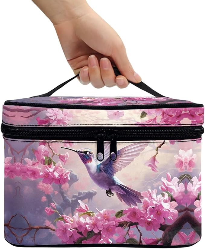 Hummingbird and Pink Flowers Print Travel Makeup Bags for Women Portable Tote Cosmetic Case with Carry Handle Toiletry Accessories Storage Organizer Bags