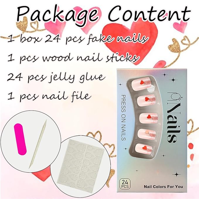 24Pcs Heart Press on Nails Medium Square Fake Nails Pink French Tip Glue on Nails Valentines Press ons Pink Stick on Nails Valentines Artificial False Nails for Women DIY Acrylic Nails Charms