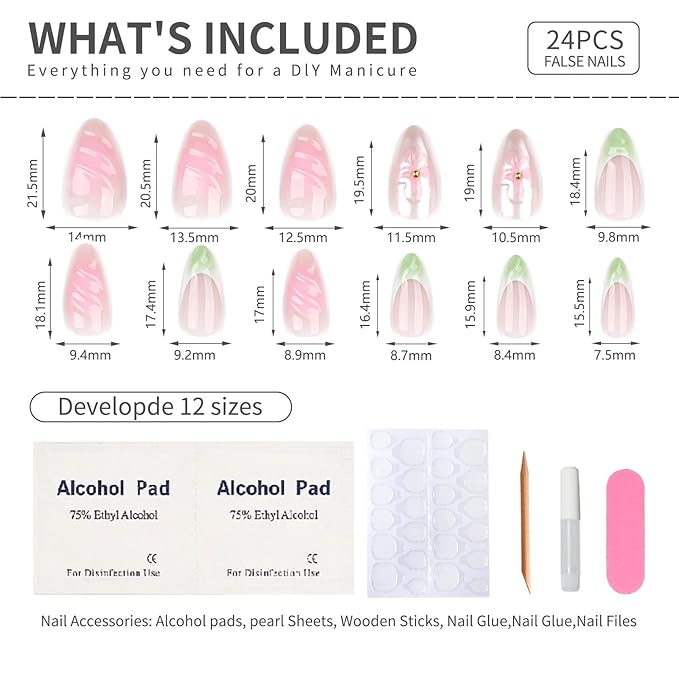 Press On Nails Medium Almond Shape – 24PCS Reusable Fake Nails with 3D Flowers, Pearls, Pink and Green French Tips, Glossy Stick On Nails for Women and Girls, Easy to Apply, Long Lasting