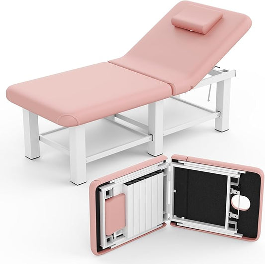 Folding Stationary Massage Table with Backrest and Storage Space, 6 Square Legs Metal Frame PU Leather, 30.5'' Wide × 75'' Long for Treatment Table Physical Therapy Table Spa Facial Bed, Pink