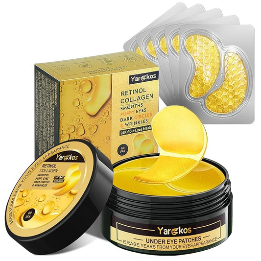 60 Pcs 24K Gold Under Eye Patches with 5 Pieces Travel 24K Golden Eye Mask, 30 Pairs Women Undereye Mask for Dark Circles Puffy Eyes Treatment, Men Gel Pads Hydrating for Puffiness Wrinkle