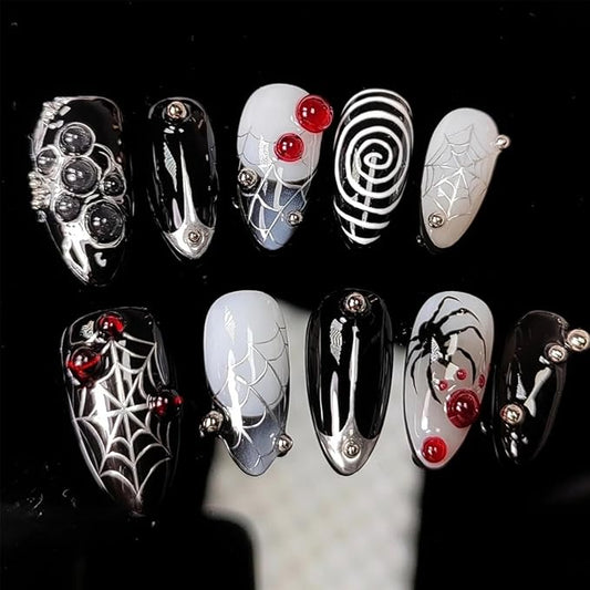30Pcs Halloween Press on Nails Medium Almond Goth Fake Nails with 3D Blood Drops Design Sliver Spiderweb False Nails Black Spider Artificial Nail Spiral Glue on Nail for Women Manicure