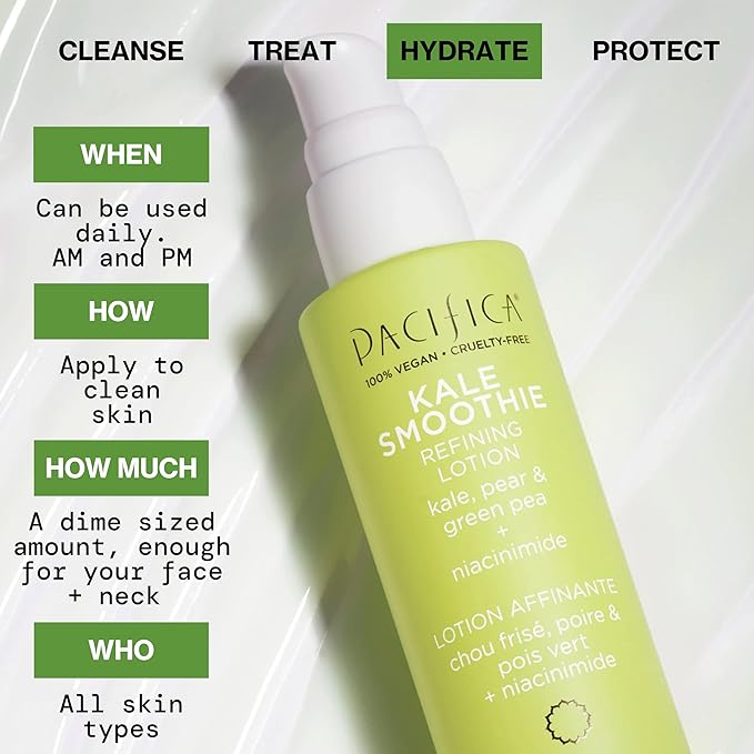 Pacifica Kale Smoothie Face Lotion, Refining Skincare, Face Moisturizer, Niacinamide, Vitamin C and E, Minimize Pores, Face Serum, For All Skin Types, Oily, Combination, Vegan, 1.7 fl oz (1 Count
