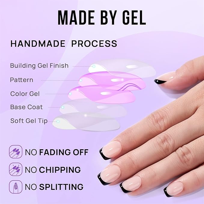 French Tip Press On Nails - BTArtbox Jelly Square Fake Nails with Nail Glue, Reusable Semi-Transparent Stick On Nails in 15 Sizes - 30PCS Soft Gel Glue On Nails Kit, Classic Black