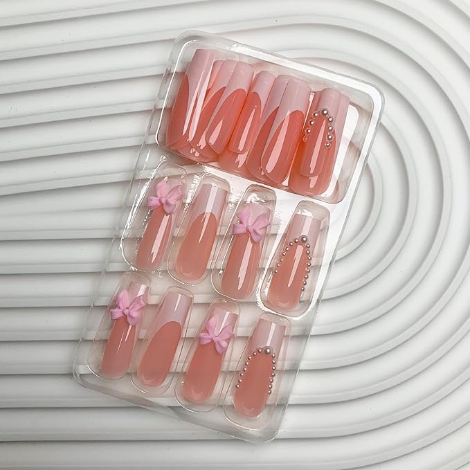 French Tip Press on Nails Long Square Fake Nails Bow Acrylic Nails Cute False Nails with Designs Pearl Glue on Nails White Nail Tip Nude Stick on Nails for Women Girls 24Pcs