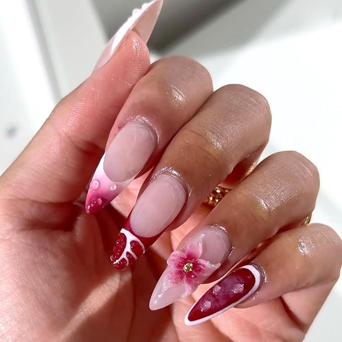 Red French Tip Press on Nails Medium Almond Fake Nails with 3D Flower Designs Summer False Nail Tips Glue on Nails Acrylic Full Cover Stick on Nail for Women Quick Manicure Kit 24Pcs