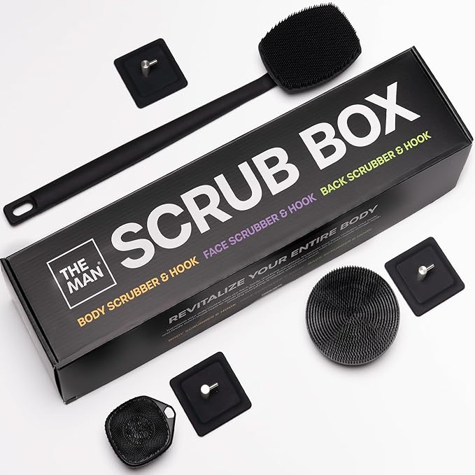 The Man Scrub Box - Silicone Back Scrubber, Face Scrubber & Body Scrubber Cleansing Brush for Men, Storage Hooks - Shower Bathroom Accessories for Men - Gifts for Him, Silicone Scrubbers Gift Box
