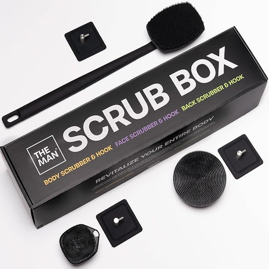 The Man Scrub Box - Silicone Back Scrubber, Face Scrubber & Body Scrubber Cleansing Brush for Men, Storage Hooks - Shower Bathroom Accessories for Men - Gifts for Him, Silicone Scrubbers Gift Box