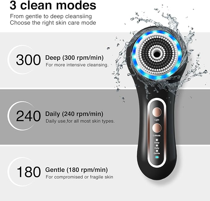 Face Scrubber Exfoliator,Facial Cleansing Brushes Rechargeable IPX7 Waterproof with 5 Brush Heads,Electric Face Spin Brush for Exfoliating, Massaging and Deep Cleansing (Black+Gold)