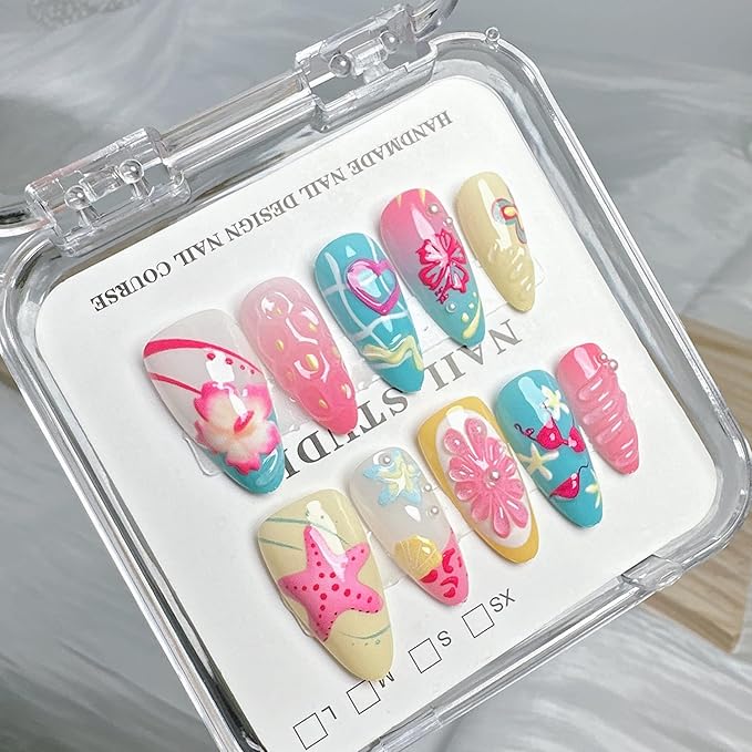 30Pcs Handmade Press on Nails Medium Almond Fake Nails with 3D Designs Summer Beach Acrylic Nails Seashell Flower Glue on Nails Heart Starfish False Nails Lemon Butterfly Stick on Nails for Women