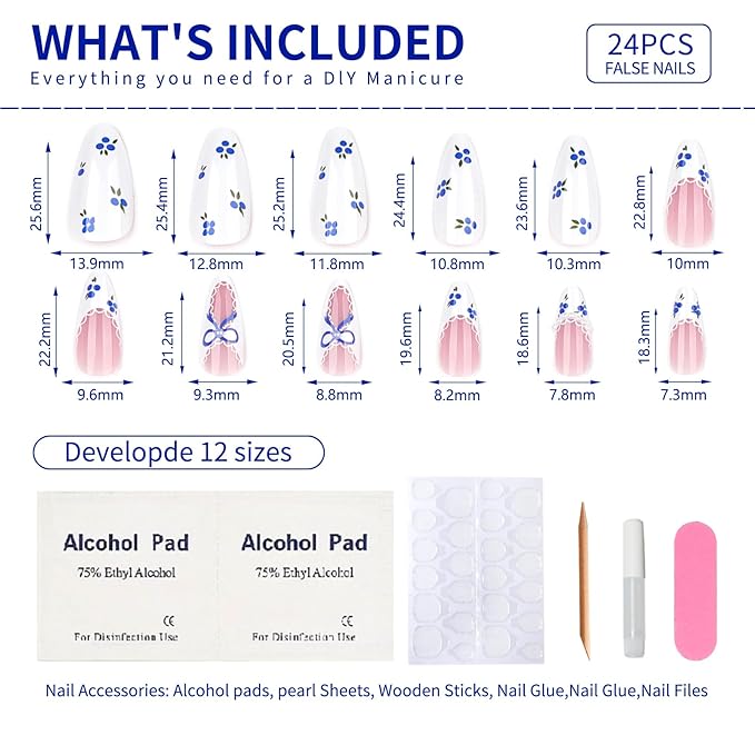 Press On Nails Medium Almond Shape – 24PCS Blue Bow French Tip Fake Nails with Pearl Accents, Floral Lace Design, Reusable Medium Length False Nails for Women, DIY Manicure