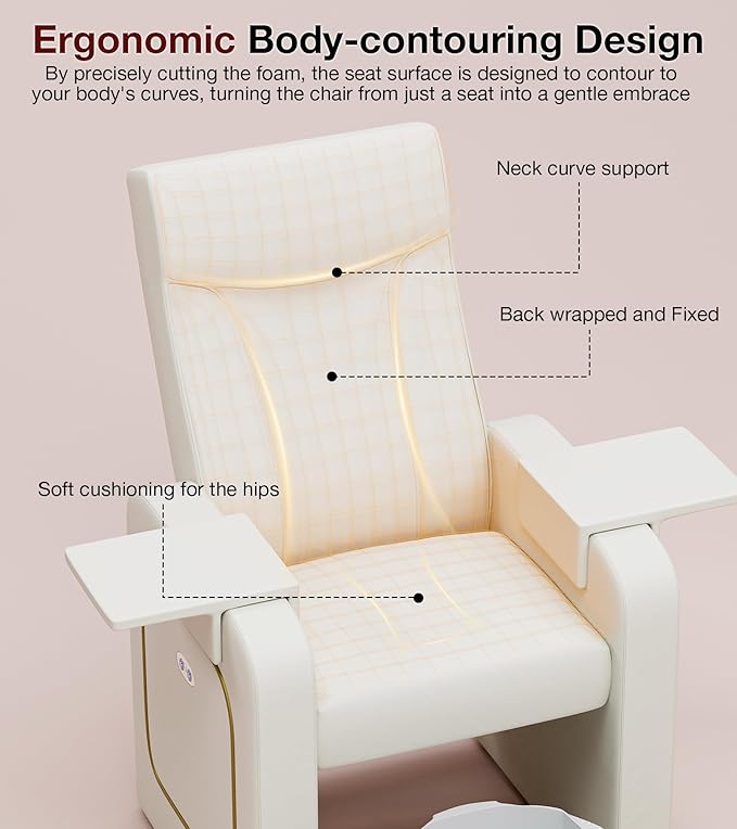VARONXE Electric Reclining Pedicure Chair No Plumbing for Foot Spa, Profesional Pedicure Stand with Tool Pouch for Nail Teach, Ergonomic Pedi Sofa with Sliding Tray for Small Spaces, Off-White