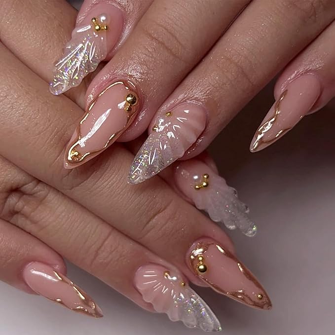 24Pcs Nude Press on Nails Almond Medium Fake Nails with Gold Bead Designs Glitter 3D Texture Acrylic Nails Full Cover False Nails Kit White French Glue on Nails Stiletto Artificial Nails for Women