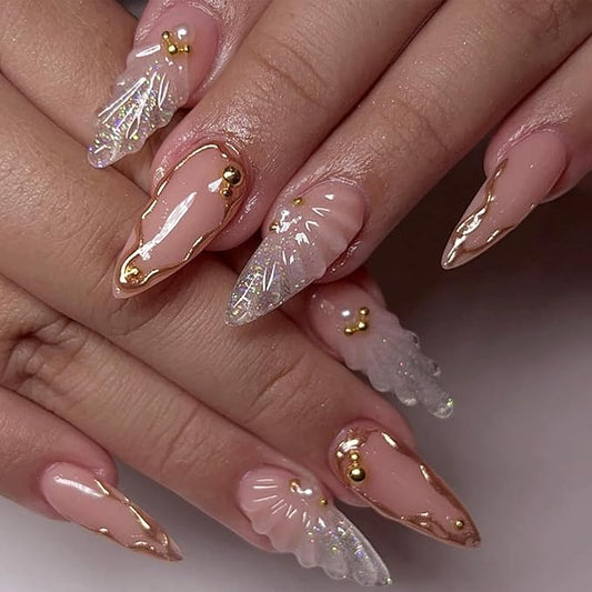 24Pcs Nude Press on Nails Almond Medium Fake Nails with Gold Bead Designs Glitter 3D Texture Acrylic Nails Full Cover False Nails Kit White French Glue on Nails Stiletto Artificial Nails for Women