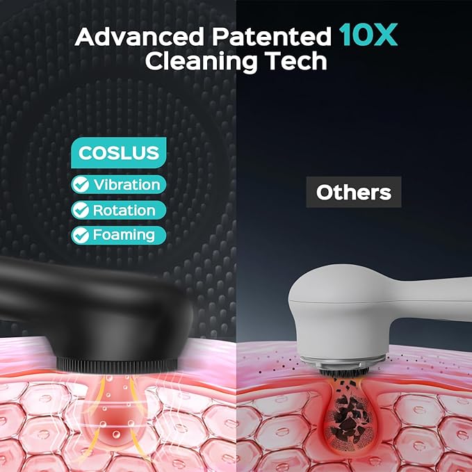 COSLUS Face Scrubber Facial Cleansing Brush: 2 in 1 Spin and Vibration Patented Tech, Silicone Electric Exfoliator Scrubber with Automatic Foaming, Waterproof Face Cleanser Brush for Men and Women