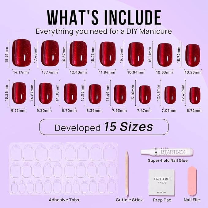 BTArtbox Press On Nails Red - Cat Eye Press On Nails Square for Gifts,Cherry Short Stick On Nails with Glue, Glossy Reusable Nail Tips in 15 Sizes - 30 Soft Gel Fake Nails Kit, Hot Love