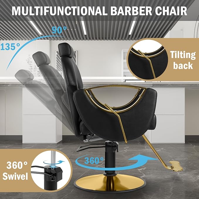 Salon Chair Reclining Barber Hair Chair for Hair Stylist with Heavy Duty Hydraulic Pump, 360 Swivel Styling Beauty Spa Tattoo Equipment for Home Barbershop, Black Gold