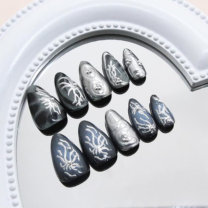 30pcs Goth Press on Nails Medium Almond Fake Nails with Silver Stripes Pearl Designs Dark Stick on Nails Reusable Handmade Nails Black False Nails Silver Full Cover for Women