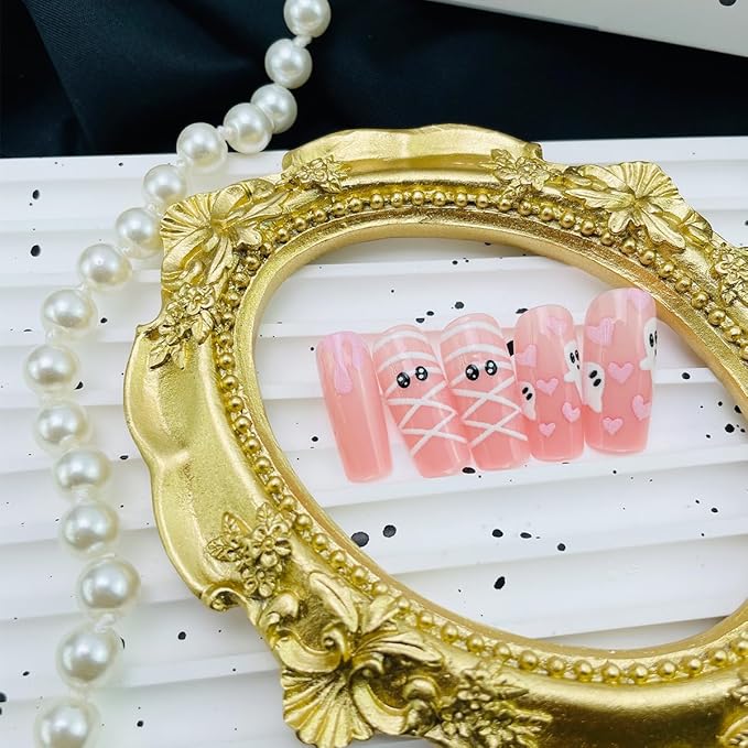 24Pcs Halloween Nails Press on Nails Medium Square NEWSPIED Pink Fake Nails with Cute Ghost Heart Designs Halloween Glue on Nails Glossy Acrylic Stick on Nails Cute Holiday False Nails for Women DIY