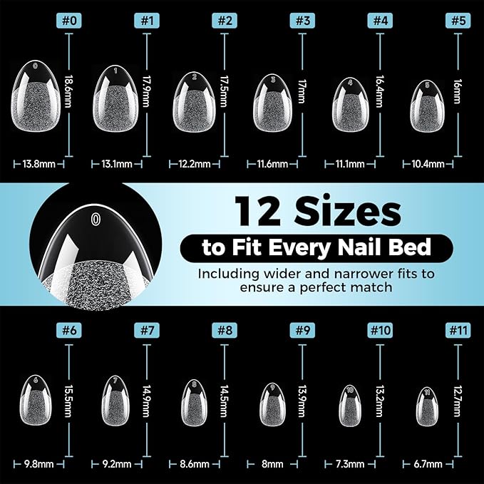 Extra Short Almond Nail Tips, 360pcs Soft Gel Pre-Shaped Acrylic XS Fake Nails, Half Matte Full Cover Clear Press on Flase Nail Tips for Extension Manicure Home DIY 12 Sizes Gelly Tips