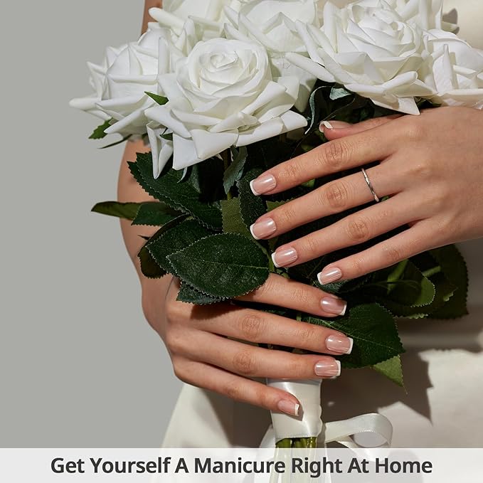 BTArtbox Press On Nails Short - Lamp-Curable Chrome French Tip Square Press On Nails with Glue for Women, Semi-Transparent Soft Gel Glue On Nails in 16 Sizes - 32 Stick On Nails Kit, Evening Attire