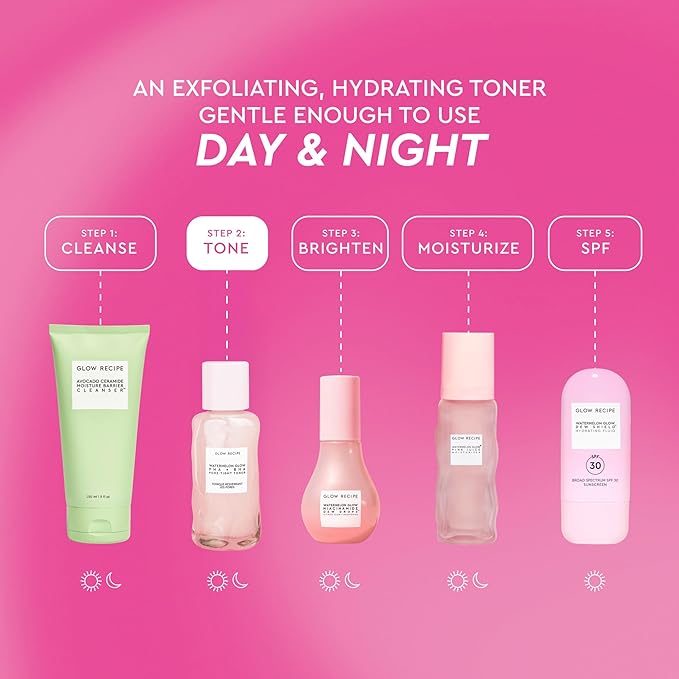 Glow Recipe PHA + BHA Face Toner - Korean Skin Care Pore Minimizer & Gentle Facial Exfoliator for Tightening, Hydrating & Exfoliating - Glycerin, Watermelon & Cactus Water (40ml)